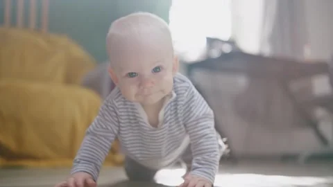 Smiling baby crawling forward across the living room floor, reaching toward a Stock Footage 339270384