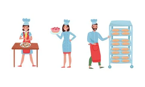 Smiling Baker Characters Baking Bread and Making Confections Vector Stock Illustration