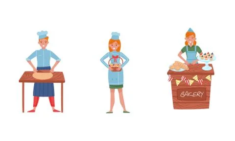 Smiling Baker Characters Baking Bread and Making Confections Vector Stock Illustration