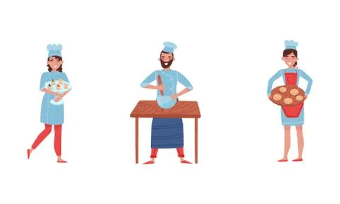 Smiling Baker Characters Baking Bread and Making Confections Vector Stock Illustration