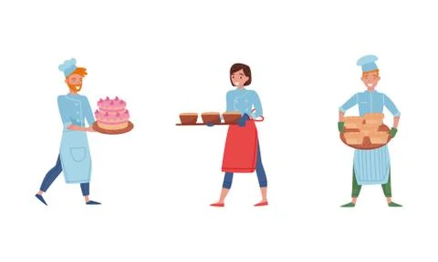 Smiling Baker Characters Baking Bread and Making Confections Vector Stock Illustration