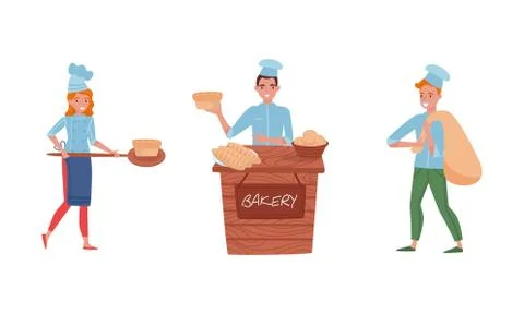 Smiling Baker Characters Baking Bread and Making Confections Vector Stock Illustration