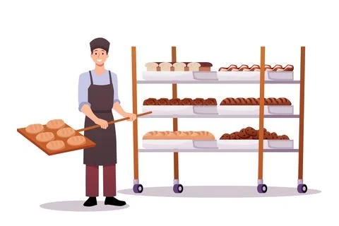 Smiling baker in uniform holds bread shovel with fresh loaves near rack full of Stock Illustration