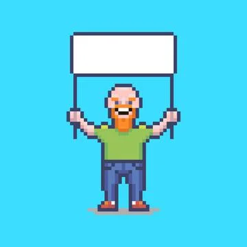 Smiling bald guy with a white blank poster in his hands Stock Illustration