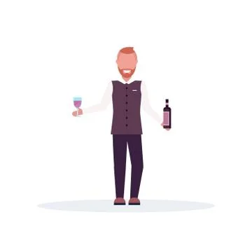 Smiling bartender holding wine bottle and glass barman in uniform at work male Stock Illustration