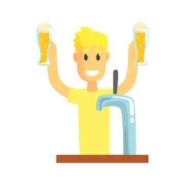 Smiling bartender man character standing at the bar counter holding mugs of beer Stock Illustration