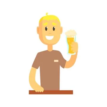Smiling bartender man character standing at the bar counter holding glass of Stock Illustration