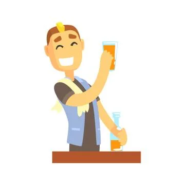 Smiling bartender man character standing at the bar counter, barman at work Stock Illustration
