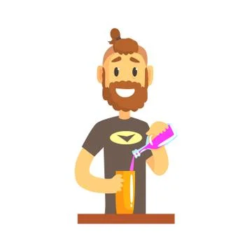 Smiling bartender man character standing at the bar counter pouring alcoholic Stock Illustration