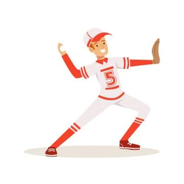 Smiling baseball player in a red uniform pitching the ball vector Illustration Illustrazione stock