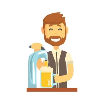 Smiling bearded bartender man character standing at the bar counter pouring beer Stock Illustration