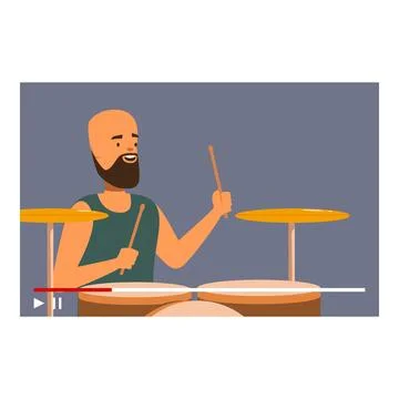 Smiling bearded drummer playing the drums during online music lesson Illustrazione stock