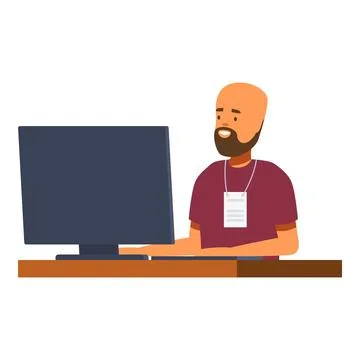Smiling bearded freelancer working on desktop computer at home office 스톡 일러스트