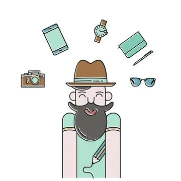 Smiling bearded man and gadgets icons Stock Illustration