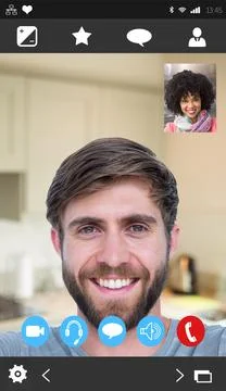 Smiling bearded man appearing in flat design call with curly-haired woman inset, Illustration