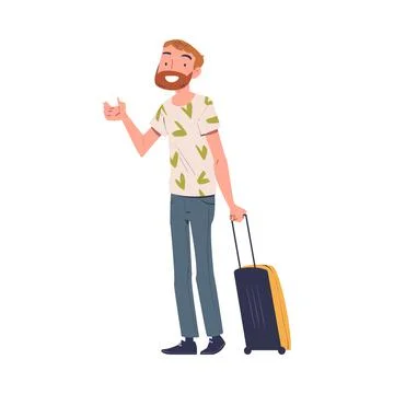 Smiling Bearded Man Character with Suitcase at the Airport Boarding Plane Vector 스톡 일러스트