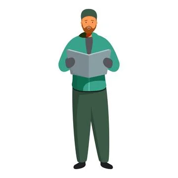 Smiling bearded man wearing winter clothes reading instructions manual Stock Illustration