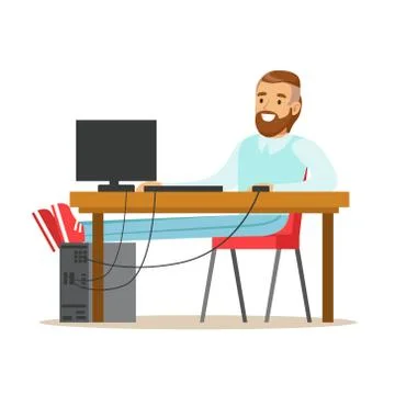 Smiling bearded man working on a computer at his desk, colorful character vector Stock Illustration