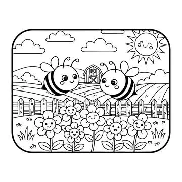 Smiling bees flying over happy flowers in sunny farm landscape Ilustração Stock