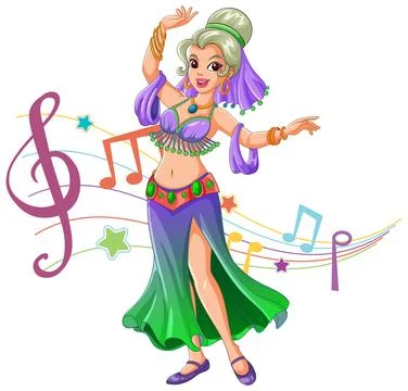 Smiling Belly Dancer Performing with Colorful Musical Notes Stock Illustration
