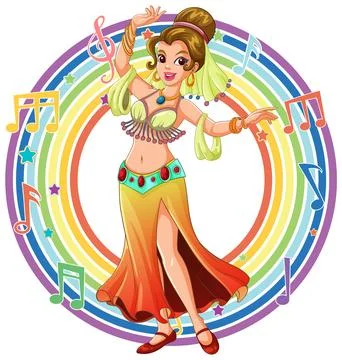 Smiling Belly Dancer Performing in Colorful Musical Circle Stock Illustration