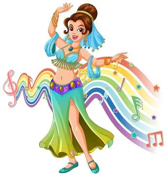 Smiling Belly Dancer Performing with Colorful Musical Notes Stock Illustration