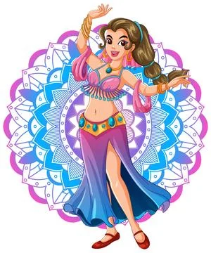 Smiling Belly Dancer Performing in Colorful Costume Stock Illustration