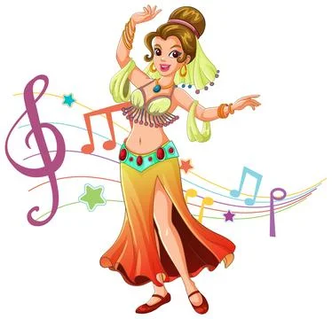 Smiling Belly Dancer Performing with Colorful Musical Notes Stock Illustration