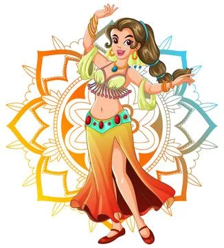 Smiling Belly Dancer Performing in Front of Mandala Pattern Stock Illustration