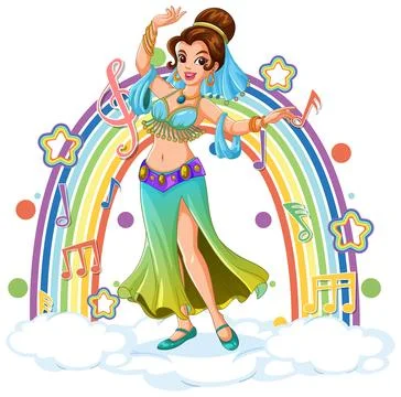Smiling Belly Dancer Performing in Front of Rainbow and Music Notes Stock Illustration