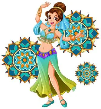 Smiling Belly Dancer Performing with Mandala Background Elements Stock Illustration