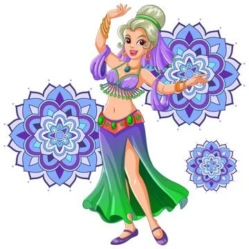 Smiling Belly Dancer Performing with Mandala Background Elements Stock Illustration