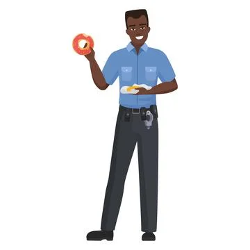 Smiling black policeman eats donut Ilustração Stock