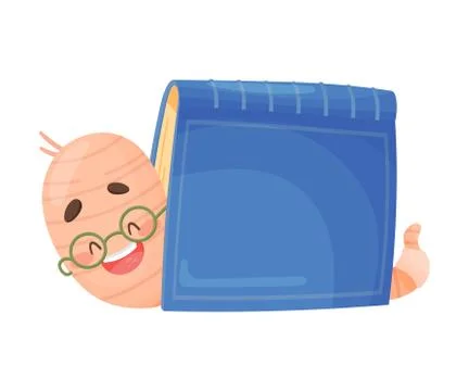 Smiling Bookworm Crawling Under Book Cover Vector Illustration Stock Illustration