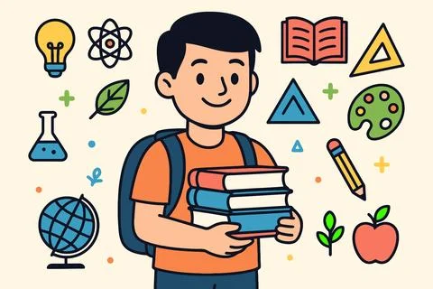 Smiling boy with backpack holding stack of books surrounded by school supplie Illustrazione stock