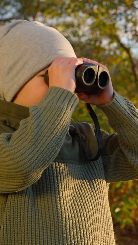 Smiling boy with binoculars in sunny forest – joy of childhood exploration Video stock 314563083