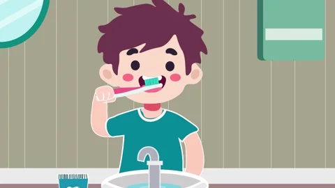 Smiling boy brush his teeth at bathroom flat design animation. Kid tooth hy.. Stock Footage 305570517
