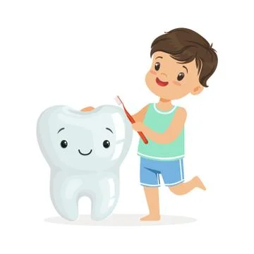 Smiling boy brushing a big smiling toorh with a brush, cute cartoon characters Stock Illustration