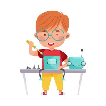 Smiling Boy Character Engineering and Configurating Robot Vector Illustration Illustrazione stock