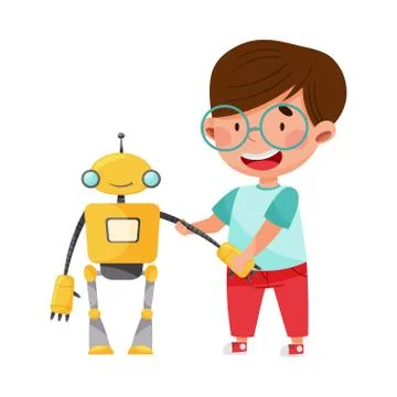 Smiling Boy Character Engineering and Configurating Robot Vector Illustration Stock Illustration