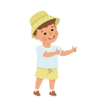 Smiling Boy Character Pointing at Something with His Finger Vector Illustration Stock Illustration