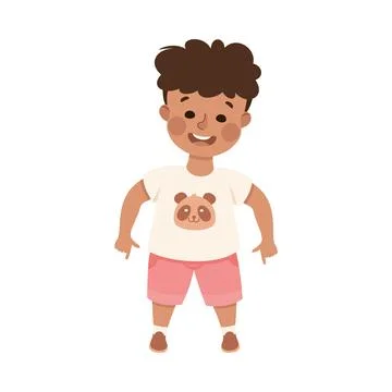 Smiling Boy Character Pointing at Something with His Finger Vector Illustration Stock Illustration
