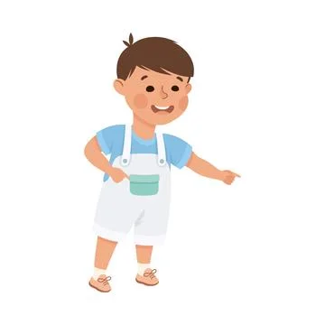 Smiling Boy Character Pointing at Something with His Finger Vector Illustration Stock Illustration