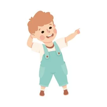 Smiling Boy Character Pointing at Something with His Finger Vector Illustration Stock Illustration