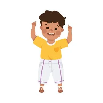 Smiling Boy Character Pointing at Something with His Finger Vector Illustration Stock Illustration