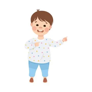 Smiling Boy Character Pointing at Something with His Finger Vector Illustration Stock Illustration