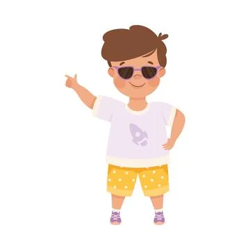 Smiling Boy Character in Sunglasses Pointing at Something with His Finger Vector Stock Illustration