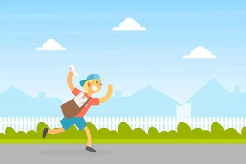 Smiling Boy Courier with Mailbag Delivering Newspapers, Courier Running on Stock Illustration