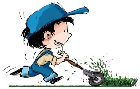 Smiling Boy Cutting Lawn Stock Illustration