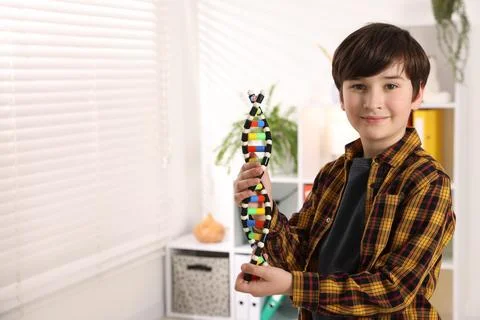 Smiling boy with DNA structure model indoors. Space for text 스톡 사진